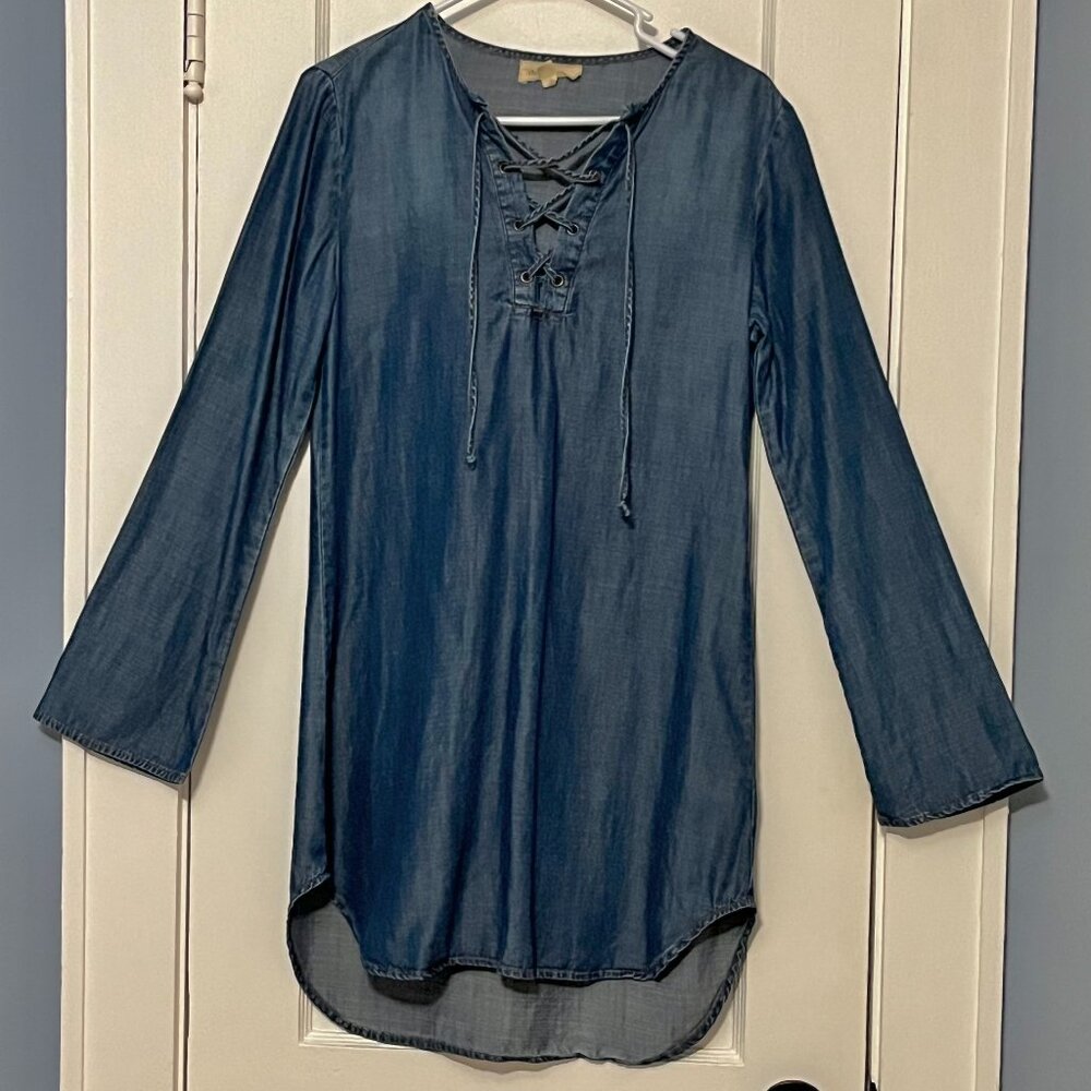Cloth & Stone chambray denim mini dress lace up boho western inspired size XS